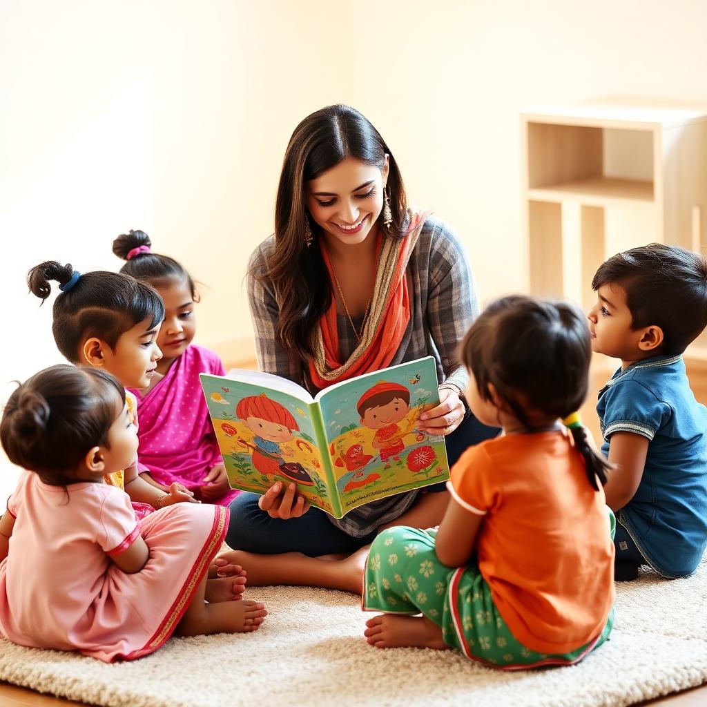 Teacher reading a colourful storybook to children
